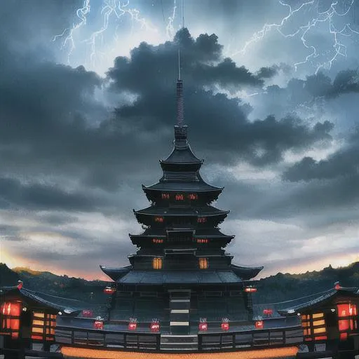 Prompt: animated movie scenery, katana, samurai, artwork,  structure, thunder lighting, storm, dark, 