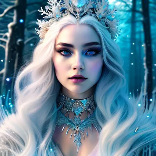 Prompt: Woman with platinum hair, in a dress of ice flowers, a beautiful crown on her head, front, background frozen forest, cover, unzoom, choker, hyperdetailed, luminism, Bar lighting, complex, 4k resolution concept art portrait by Greg Rutkowski, Art germ, WLOP, Alphonse Mucha, little fusion pojatti realistic goth, fractal isometrics details bioluminescence: a stunning realistic photograph 30 years unreal engine, white ceramic white skin, 4k, symmetrical face
 based on the colorful expressive work of sara moon photography unreal engine