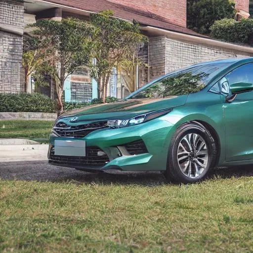 Prompt: A realistic photograph of a green car that’s a hybrid of a 2010 Corolla and the latest generation Kia forte gt taken from the front 3/4 angle