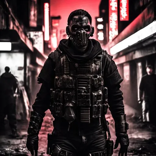 Prompt: Villain. Black and red clothes. military style body armour. Slow exposure. Detailed. mouth mask. Dirty. Dark and gritty. Post-apocalyptic Neo Tokyo. Futuristic. Shadows. Sinister. Armed. Brutal. Intimidating. Evil. Bionic enhancements. Fanatic. Intense. Heavy rain.