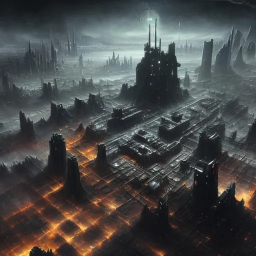 Prompt: A large futuristic dystopian city with buildings comprised of black metal. Black clouds cover the sky. A massive citadel is in the center of a massive pit. Massive structures float in the sky. Deep chasms separate the city. 