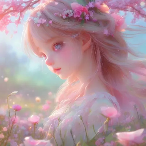 Prompt: a young spring fairy, beautiful, straight hair, pink glow on cheeks, wild flowers, dreamy landscape, pink roses, bright colors, animeart, closeup