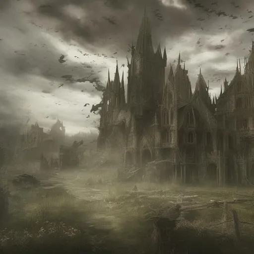 Prompt: dark gothic creepy fantasy town landscape
