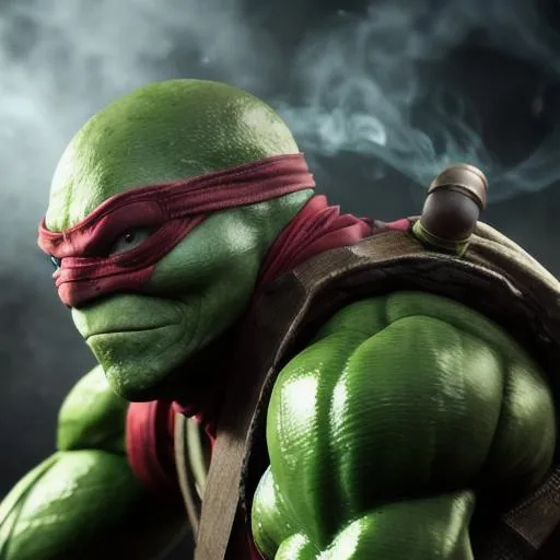 Prompt: Teenage Mutant Ninja Turtles, green, real sweaty face, realistic sweat drops, angry look, red eyes, side view, virtual reality, photorealistic, mystery, revenge, smoke