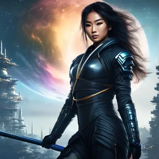 Prompt: create photograph of beautiful female ninja who is wearing futuristic ninja robes,  night time and beautiful sky  space and planets an nebulae in sky highly detailed, detailed face, extremely detailed environment, extremely detailed background, extremely detailed skin, extremely detailed clothing, natural colors , professionally color graded, photorealism, 8k, realistic, moody lighting, galactic environment, volumetric lighting