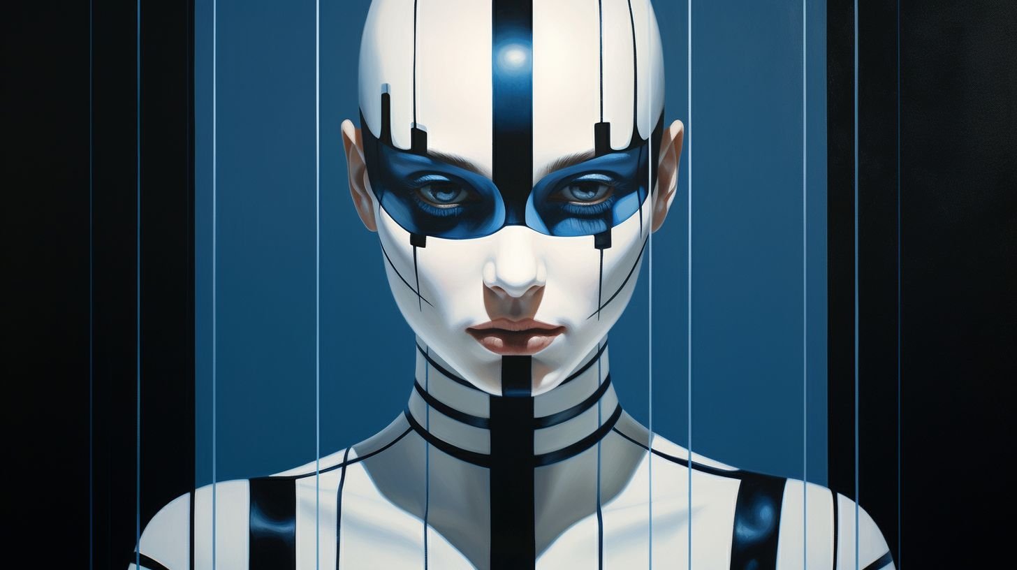 Prompt: an artist painting a futuristic model, in the style of simplified and stylized portraits, superheroes, dark white and dark azure, ekaterina panikanova, hypnotic symmetry, striped, marvel comics