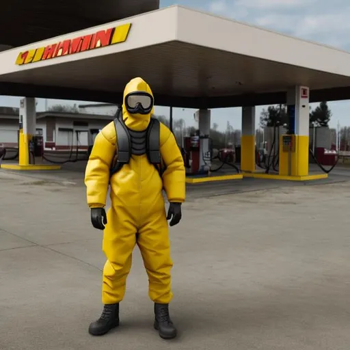 Prompt: Guy in a hazmat suit standing at an empty gas station at day