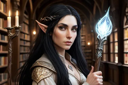 Prompt: Realistic, small female half-elf, long black hair, D&D, Cleric, holding a magical cleric staff that emits beautiful wisps of light, library setting, detailed facial features, intricate wood details, soft lighting, high-quality, detailed eyes, professional, fantasy, realistic, elegant, mystical, library, long black hair, half-elf, wood textures, soft lighting