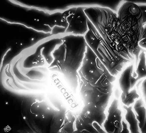 Prompt: a bolt of magic being stamped, style Larry Elmores, make me a black and white artwork, HEROQUEST, 90S FANTASY, 90S, comic, illustration