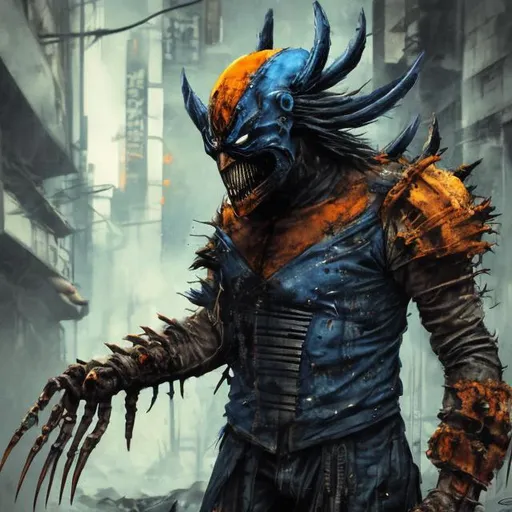 Prompt: Redesigned Gritty Very dark blue, gold and orange evil phantom-wolverine. Injured. Bloody. Hurt. Damaged mask. Accurate. realistic. evil eyes. Slow exposure. Detailed. Dirty. Dark and gritty. Post-apocalyptic Neo Tokyo. Futuristic. Shadows. Sinister. Armed. Fanatic. Intense. 