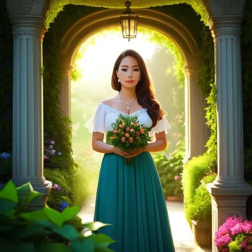 Prompt: A beautiful woman standing in a breathtaking garden, symmetrical face, freckles, top lighting, wide angle lens, beams and pillars, herbs, light rays, subsurface scattering, flowers, ivy plants, 