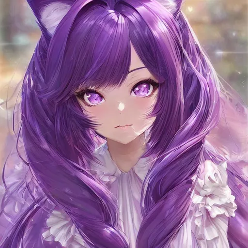 Prompt: closeup face portrait of an anime woman with fluffy cat ears, looking into camera, smooth soft skin, sad eyes, purple hair, symmetrical, anime wide eyes, soft lighting, detailed face, asian vibes, digital art, style of video game
