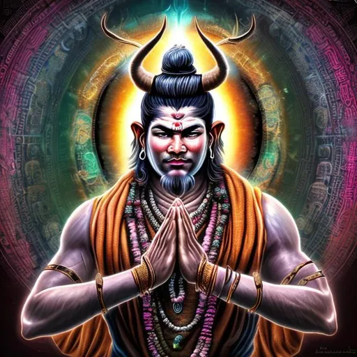 Prompt: Potrait image with multiple characters, one is a masculine human bull, with beautiful psychedelic horns, suited like a monk warrior, who is praying to Lord Shiva Large form like a sadhu warrior 