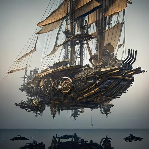 Prompt: small, steampunk spacebrigantine, fantasy based, a lot of gears, springs, wheels, details made, space pirate vessel, very worn out, big glass windows and glass bubbles,  extreme reflective surface, massive thrusters, intricate details, flying above alien moon, aggressive design, zaha hadid, octane render, vivid colours, unreal engine 5, SLR, ray tracing, 8k UktraHD, octane render