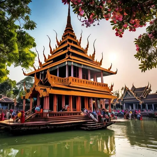Prompt: A breath taking view of a beautiful Cambodian pagoda floating in the sunny sky crowded with magical people and Buddhist devotees and monks fantasy multi colourful  fairy tale fantasy 