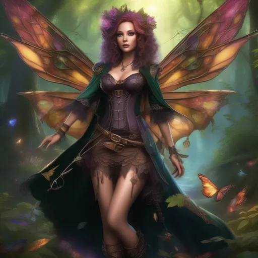Prompt: ((Epic)). Cinematic. Shes a (colorful), Steam Punk, gothic, witch. (spectacular), Winged fairy, with a skimpy, (colorful), (gossamer), flowing outfit, standing in a forest, by a village. ((Wide angle)). ((Detailed Illustration)). ((8k)).  Full body in shot. ((Hyper real painting)). ((Photo real)). An ((extremely beautiful)), ((very shapely)) woman with, ((Anatomically real hands)), and ((vivid)), ((colorful)), ((bright eyes)). A ((pristine)) Halloween night. ((Concept style art)). Rays of light. Lens flares. (Celestial). Olympus Tough TG-6 Digital Camera