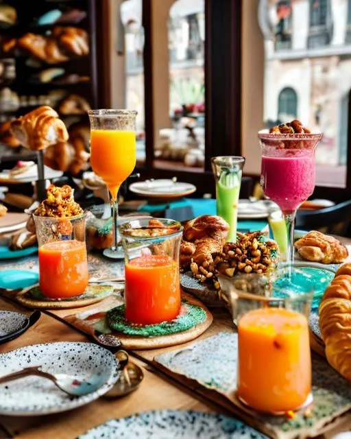 Prompt: A table set with fantastical dishes including colorful juices in test tubes, exotic puffed rice towers, and speckled mushroom croissants.