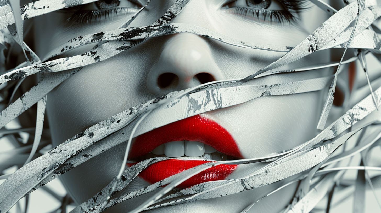Prompt: a pale woman's face with red lips with twisted metal bars over her face, Alberto Seveso, gothic art, behance hd, a 3D render