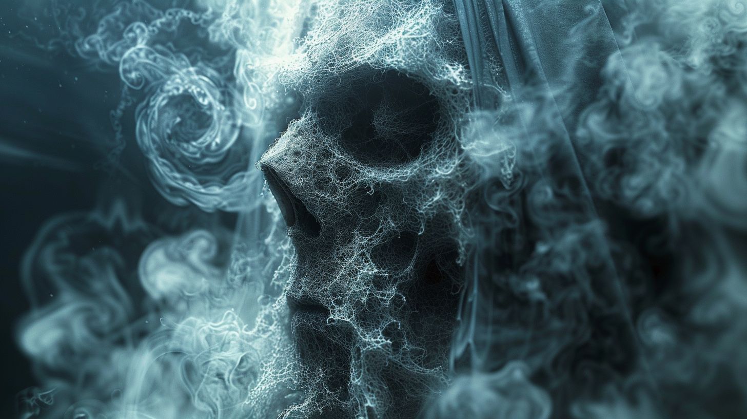 Prompt:  Prompåt: Abstract Dark Background with Symmetrical Composition, Digital art style depicting a grim reaper with a face constructed from fractal patterns and illuminated eyes. The face is shrouded in a hooded skull mask, and dark tentacles spiral around it. The scene evokes a dark fantasy ambiance with stark black and white colors and high contrast lighting. Sharp focus and intricate details render the image highly detailed and visually striking.