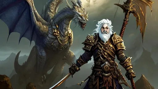 Prompt: fantasy Veteran Swordsman with White hair and Beard with Grim face. 
Backround: fantasy medivel town,
Dragons in the sky and gryphons on land
Full-body detailed masterpiece, fantasy, high-res, quality upscaled image, perfect composition; subject of this image is an Old Human male, Golden eyes, athletic body.
18k composition, 16k, 2D image, cell shaded