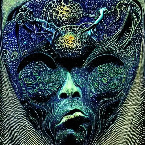 Prompt: Divine exotic orgasmic galactic Alien looking Into biomechanical abyss transcendental Fluid in the head teceract 7d sci fi hyperrealistic Phillip druillet 
