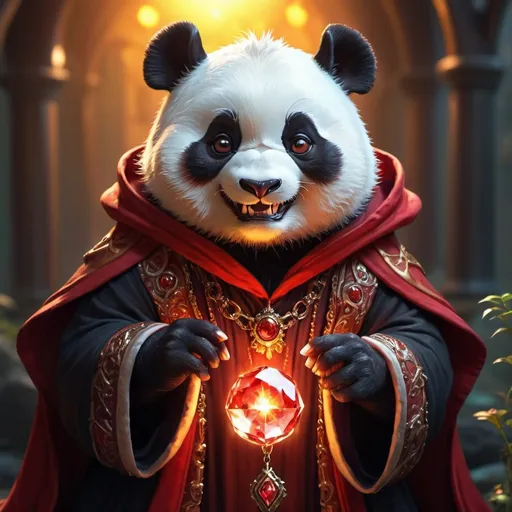 Prompt: High quality 4k, ultra-detailed, fantasy artwork of a mischievous wizard panda, holding a glowing gem in the middle finger, draped in a large cloak, fiery red hair, devilish grin, magical atmosphere, mystical lighting, enchanting, whimsical, detailed robe, intricate gem glow, fantasy, wizard panda, mischievous, magic, mystical lighting, detailed hair, devilish grin, cloak, gem, whimsical