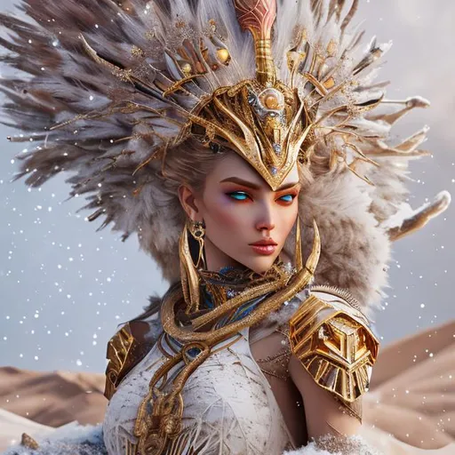 Prompt: hyper detailed desert queen, wearing white closes, gold scepter with snow on background