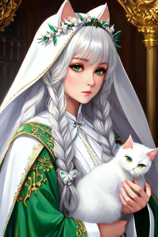 Prompt: full character, oil painting, high quality, hd, UHD, very detailed, 
 masterpiece, high quality, Digital painting, Human female doll character, life sized, she has long silver hair, wearing white robes with emerald detailing, cat ears, white doves
