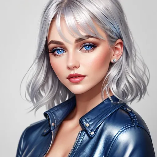 Prompt: young woman,  silver hair that is short , blue eyes, plump lips