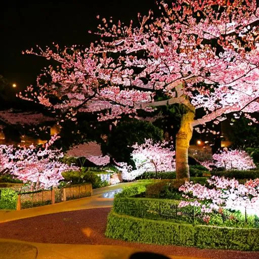 Prompt: sakura blossoms garden and blossoms falling  at night

