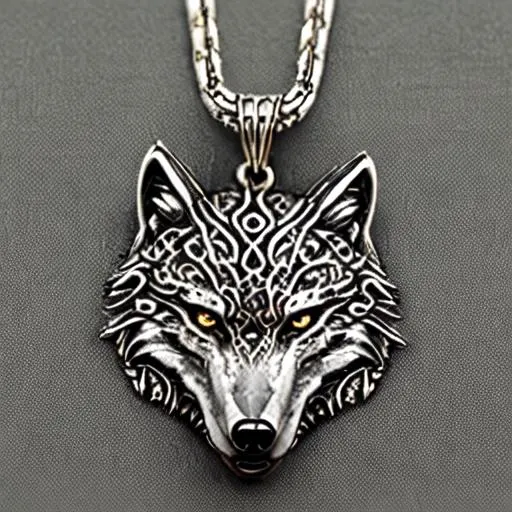 Prompt: Fantasy necklace, wolf head, necklase, jewelry, 