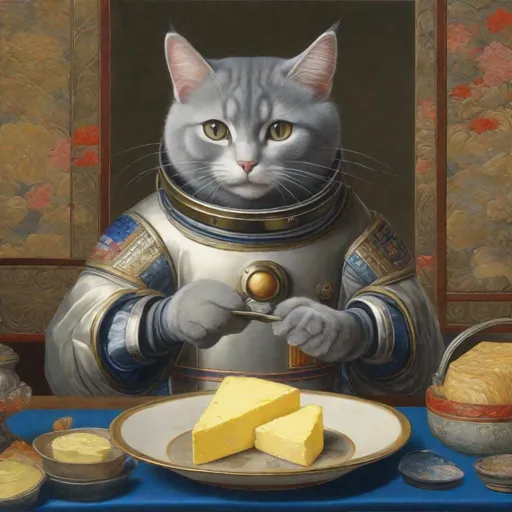 Prompt: 15th Century Japanese painting of a grey cat in a space suit eating butter. Exquisite Detail Everything is perfectly to scale, Aesthetically Brilliant with a cool ambience HD, UHD, 8k Resolution, Vibrant Colorful Award winning 