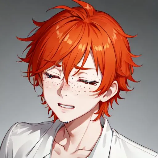 Prompt: Erikku male adult (short ginger hair, freckles, eyes closed) UHD, 8K, Highly detailed, insane detail, best quality, high quality,  anime style, upset, crying, in purgatory, tears, 