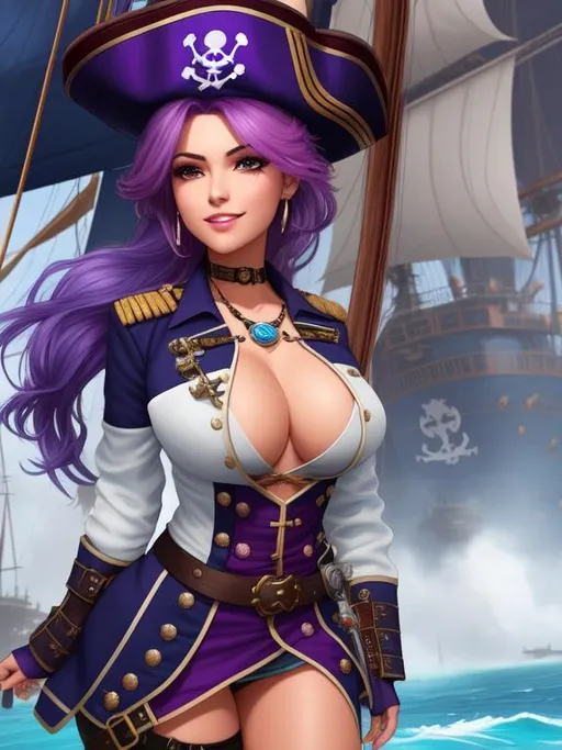 Prompt: ombre light blue-magenta-purple hair, pirate captain, girl, fantasy, coat, daunting, intimidating, serious, cruel smile, mole under eye, docked futuristic galleon ship in background, bodacious, mole on body, fullbody, ((full body)) {{good looking}} {{cute}} {{good body}} {{tight}}, symmetrically colored hair, {{shadows}},
