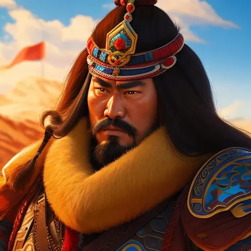Prompt: Hulagu Khan. Realistic Character Portrait. Mongolian Warlord, Immense Pressure. Brave, Masculine, Eternal Warrior, First Century Mongolian aesthetics. Perfect composition, hyperrealistic, super detailed, 8k, high quality, Studio Ghibli.
