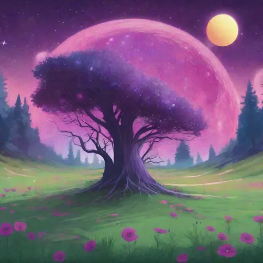 Prompt: Create an image of one cosmos shocking with another cosmos, creating a starry fishure among them, and make a eclipse behind them, use a color palette going from purple to pink for the first cosmos and a color pallete going from blue to lightgreen to the second