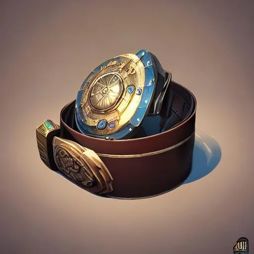 Prompt: a belt with a belt buckle that is also a buckler, a small metal shield, digital painting, artstation, octane render, cgsociety
