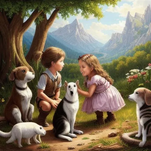 Prompt: Children with animals in story style 