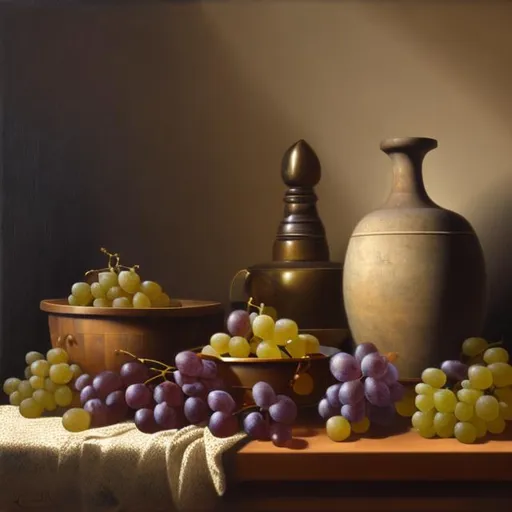 Prompt: still life with multicolored grapes near wooden barrels and carafes in front of a stone wall, moody atmosphere, soft lighting, detailed oil on canvas, 8K