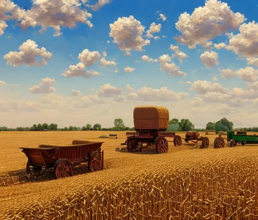 Prompt: we see a plane field of cereal being cut by some workers, there are some piles of straw and we see an empty wagon. the sky is blue. No clouds. Oil painting highly detailed. Studio lighting. Vivid colors.