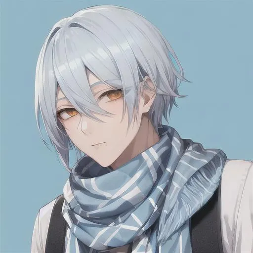 Prompt: (best quality, masterpiece), young pale man, (male), wearing a cool scarf, pastel blue and white hair, intense orange eyes, 
High details face, High quality details face, High quality details pupil eyes,  square background, streetwear, aesthetic wear, half body,