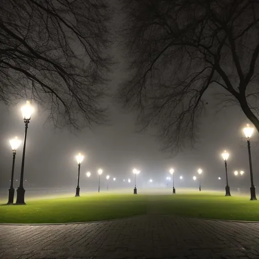 Prompt: Empty park at night with fog