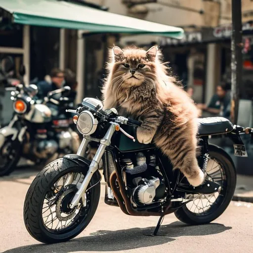 Prompt: a fluffy cat sitting on a cafe racer motorcycle