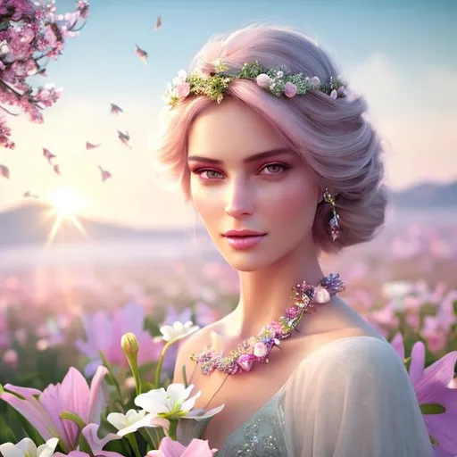 Prompt: HD 4k 3D 8k professional modeling photo hyper realistic beautiful woman ethereal greek goddess of modesty
soft pink hair green eyes gorgeous face fair skin flower crown shimmering dress with flowers modest jewelry full body surrounded by magical glowing pure light hd landscape background spring meadow with doves and lilies