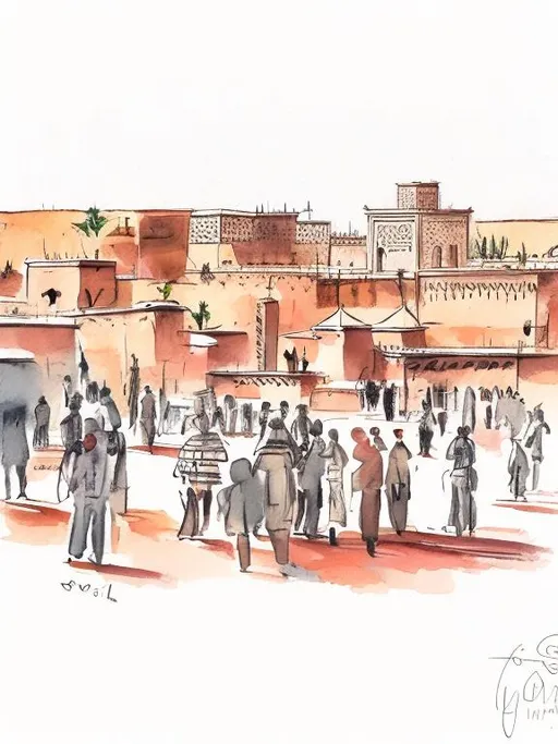 Prompt: ink and watercolor sketch Marrakech