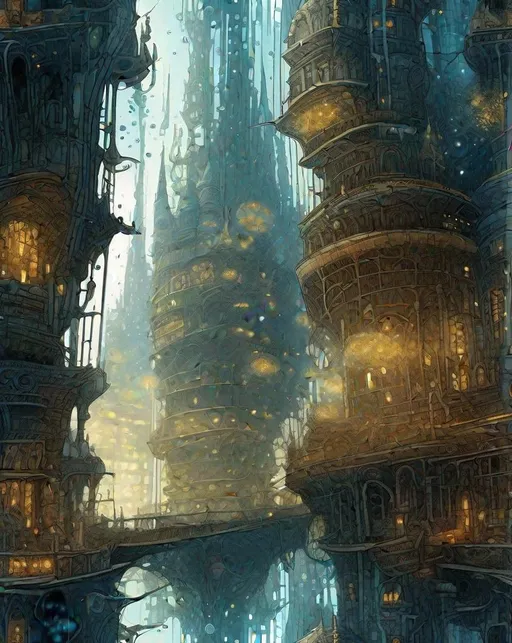 Prompt: A towering underwater city enclosed in air bubbles, strange lights glimmering from spires and windows. Backlit by rays of light piercing the deep. With fantastic scale like sci-fi artist Ian Miller.  