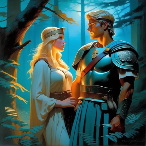 Prompt: Roman soldier impregnating ancient Germanic girl, pale skin, freckles, blonde hair, teal eyes, forest at night, fog, blue atmosphere, cartoony style, extremely detailed painting by Greg Rutkowski and by Henry Justice Ford and by Steve Henderson 