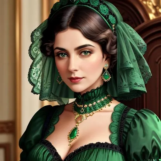 Prompt: Wealthy, stylish lady of the Victorian era, wearing emerald and gold jewelry, wearing green, facial closeup