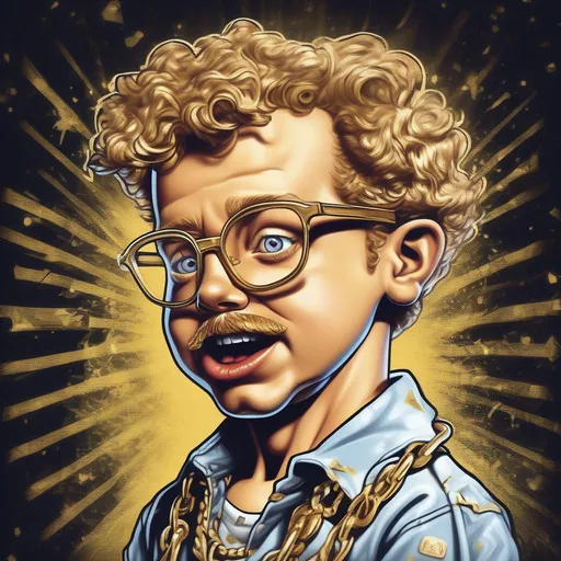 Prompt: half real low brow hard edge graffiti cartoon vector illustration {portrait of nerdy NAPOLEON DYNAMITE wearing big gold chain disco dancing} created by ed roth & jamie hewlett in the style of garbage pail kids, highly detailed, bokeh, cinemascope, moody, epic, flippin sweet
