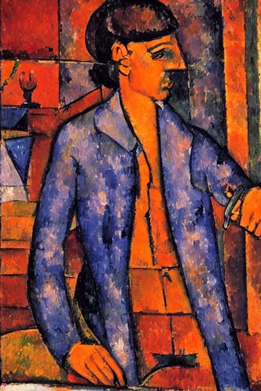 Prompt: A feminine man standing in alone in a bar in bright sunlight drinking wine in the styles of Cezanne and Modigliani